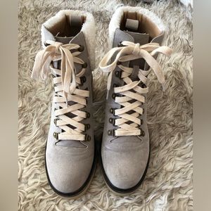 Mi.Mi gray suede chunky heeled boots with fur trim